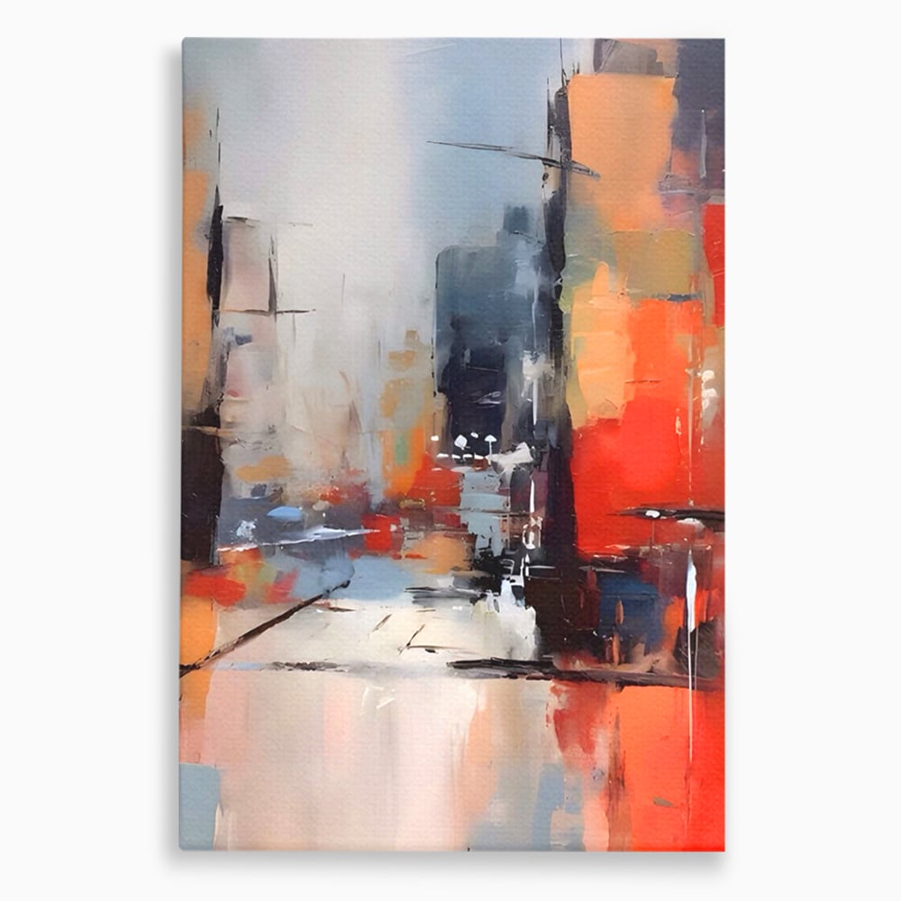 Tablou canvas cu pictura abstracta cu oras si cladiri, fara rama, pe sasiu de lemn